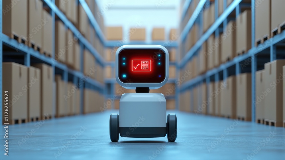 Poster a small robot with a digital display navigates a warehouse filled with stacked boxes, showcasing aut