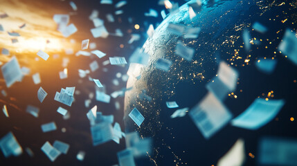Dynamic Imagery of Floating Documents Surrounding a blue Earth in Space with City Lights and a Warm Sunset Glow
