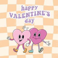 Retro Valentine's day cartoon mascots for greeting card, poster, invitation, banner, wallpaper, print design. Groovy background. EPS 10