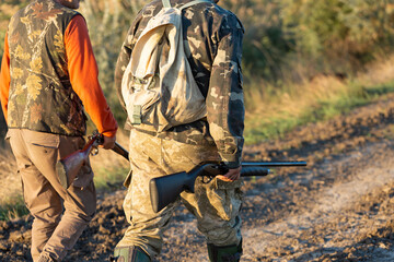 Mature hunter man holding a shotgun and walking through a field