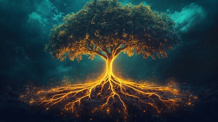 Dreamy digital illustration of a tall tree with vivid orange roots, under a glowing sun in a serene landscape.