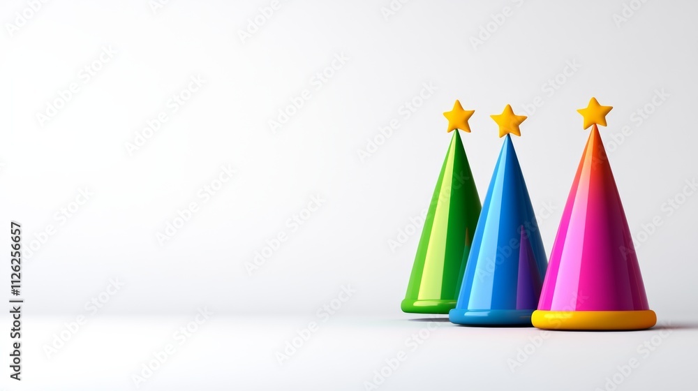 Poster three colorful party hats are arranged in a row on a white background. the hats are of different col