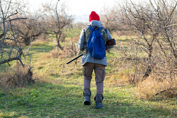 Mature hunter man holding a shotgun and walking through a field