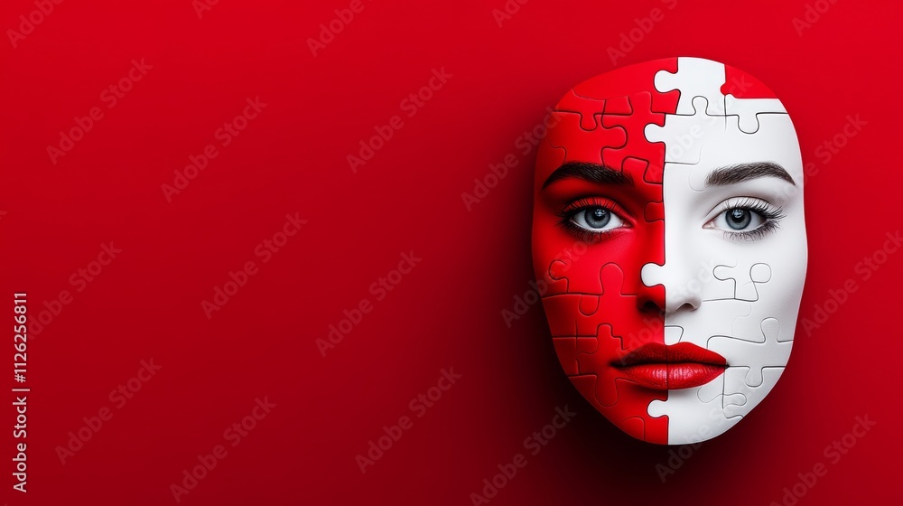 Poster woman's face is cut into two pieces and is surrounded by a red background. the image is a creative a