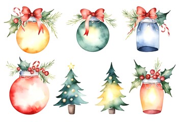 Six charming watercolor illustrations feature Christmas ornaments festive glass jars decorated baubles and two miniature Christmas trees. Perfect for holiday cards or digital designs."