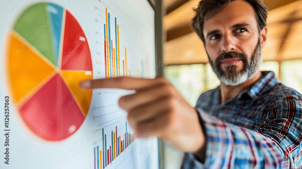 Poster man presenting data charts on screen.