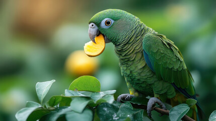 Obraz premium A bright green parrot eating a slice of fruit while perched on a tree branch