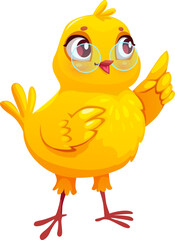 Cartoon baby chick happy character wearing glasses. Farm baby hen cheerful character, spring newborn chick animal or Easter holiday chicken happy vector mascot. Farm small baby animal cute personage