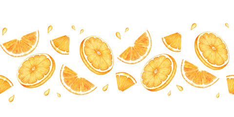 Orange fruit border with juice drops. Watercolor hand painted  illustration. Seamless citrus border for labels, prints, banners, fabric.