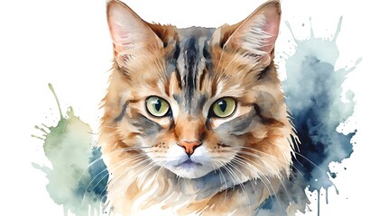Watercolor Portrait Majestic Longhair Cat with captivating green eyes. The artwork features a splash background emphasizing the cats serene expression and luxurious fur.