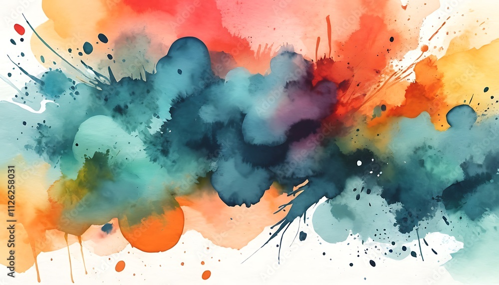 Poster abstract vibrant watercolor artwork featuring dynamic splashes of teal/orange and red. the colors bl