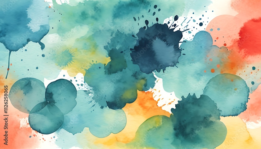 Poster abstract watercolor splashes teal/orange and yellow hues in various sizes and shapes. the colors ble
