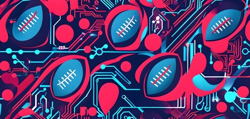 Naklejka premium vibrant mix of abstract circuitry intertwined with rugby balls, representing AI role in personalized sports training