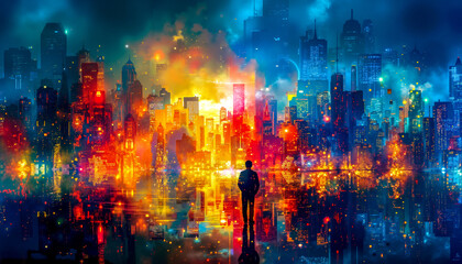 Fototapeta premium A man standing in front of a city at night