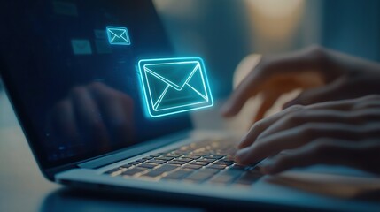Obraz premium A person hand type on a laptop keyboard, surrounded by glowing email icons symbolizing the power of digital communication and online connectivity