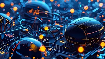 vibrant mix of abstract circuitry intertwined with rugby balls, representing AI role in personalized sports training