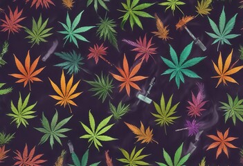 Colorful cannabis leaf and smoking devices seamless pattern, THC, hemp, colorful, seamless