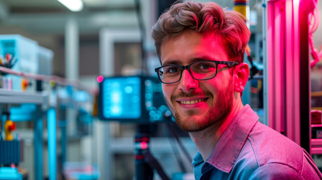 A man wearing glasses standing in front of a machine