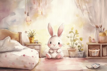 Adorable Watercolor Painting of a Bunny in a Cozy Bedroom. Cute Nursery Art. Watercolor Nursery Illustration.