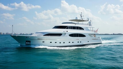 Luxury Yacht Cruise: A sleek, white luxury yacht glides effortlessly across the turquoise waters,...