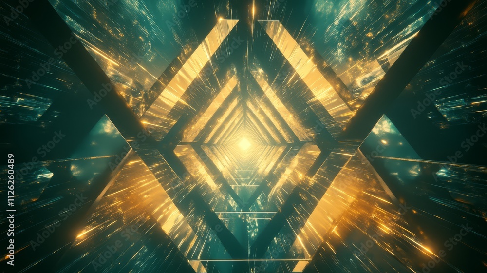 Poster golden gateway: a mesmerizing abstract tunnel of glowing gold and teal diamond shapes create a capti