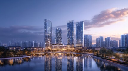 Fototapeta premium Modern Skyscrapers at Dusk: A stunning architectural masterpiece of four sleek, modern skyscrapers reflected in a tranquil lake at dusk.