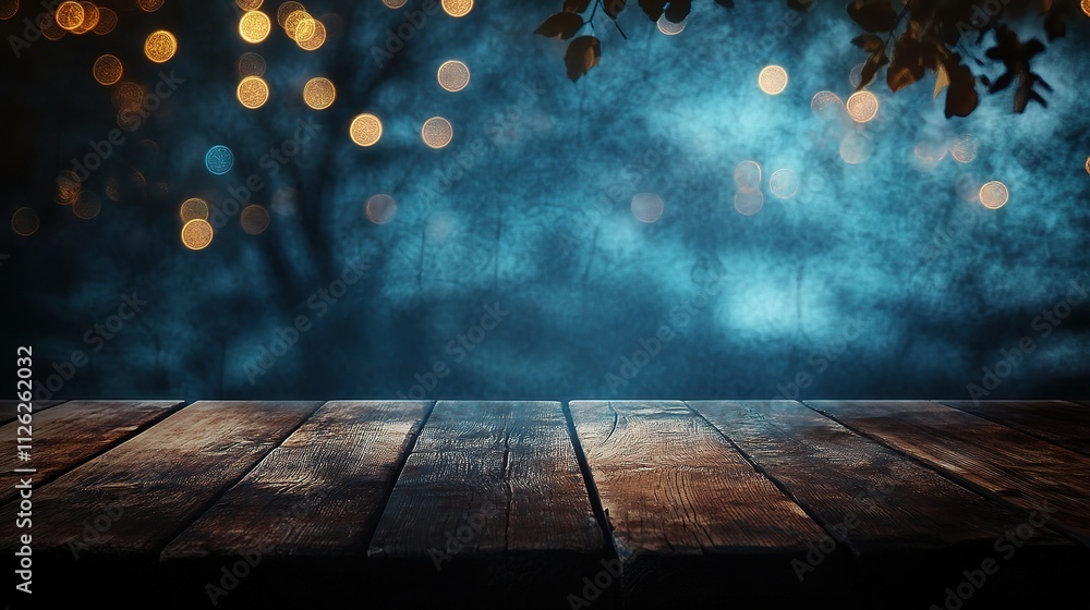 Poster wood table top with bokeh background and soft light effects