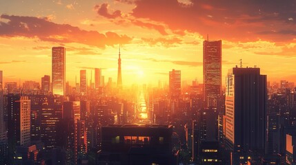 Fototapeta premium Scenic View of City Skyline at Warm Sunset Over the Urban Landscape