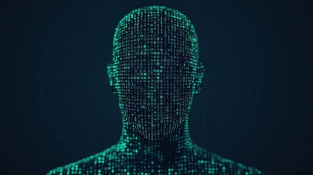 Triangulation control, A digital silhouette of a human figure composed of glowing green binary code against a dark background, representing technology and data.