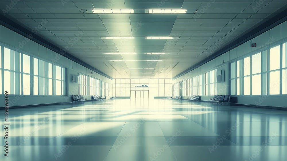 Poster long corridor of light: sunlight streams through the windows of a long, bright corridor, creating a 