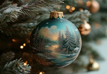 A green Christmas ball with a snow landscape on a Christmas tree.