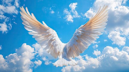 Fototapeta premium Majestic angel wings spread wide against a vibrant blue sky dotted with soft white clouds