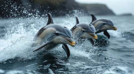 Obraz premium A dolphin pod circling a boat, with playful splashes of water surrounding them