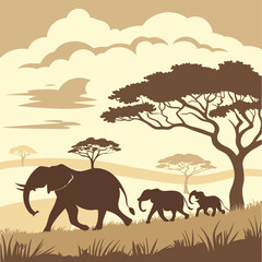 Fototapeta premium Elephant Family Silhouette on the Savanna at Sunset