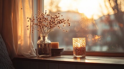 Fototapeta premium Soft Warm Light Through Textured Glass with Candles and Flowers