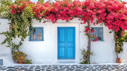 Whitewashed House with Vibrant Bougainvillea