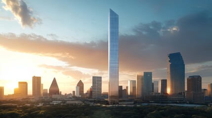 Fototapeta premium Dallas Skyline at Sunset: A dramatic silhouette of the Dallas skyline against a vibrant sunset, showcasing the city's towering skyscrapers, including the iconic tallest building.