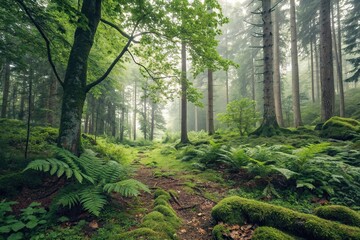 Obraz premium Overgrown green foliage in a mystical forest clearing, overgrown vegetation, wild growth