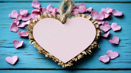 Fototapeta premium A Valentine's card minimal in concept: a smooth panel of pastel color—rosy blush or subtle peach—occupies the center, left completely bare. Around it, the background remains calm and understated, 