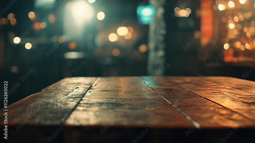 Poster rustic wood table top with soft bokeh light in dark bar setting