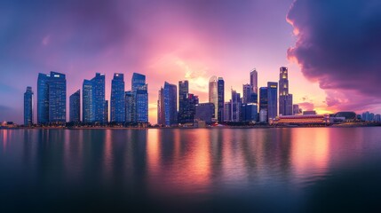 Fototapeta premium Singapore Skyline Sunset: A stunning panoramic view of Singapore's iconic skyline bathed in the warm glow of a breathtaking sunset, casting a vibrant, ethereal light on the city's towering structures.