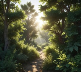 Obraz premium Dense thicket of bushes and trees with sunlight filtering through, atmosphere, thicket