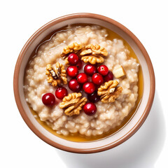 Healthy Oatmeal Breakfast Bowl with Cranberries and Walnuts   Top View