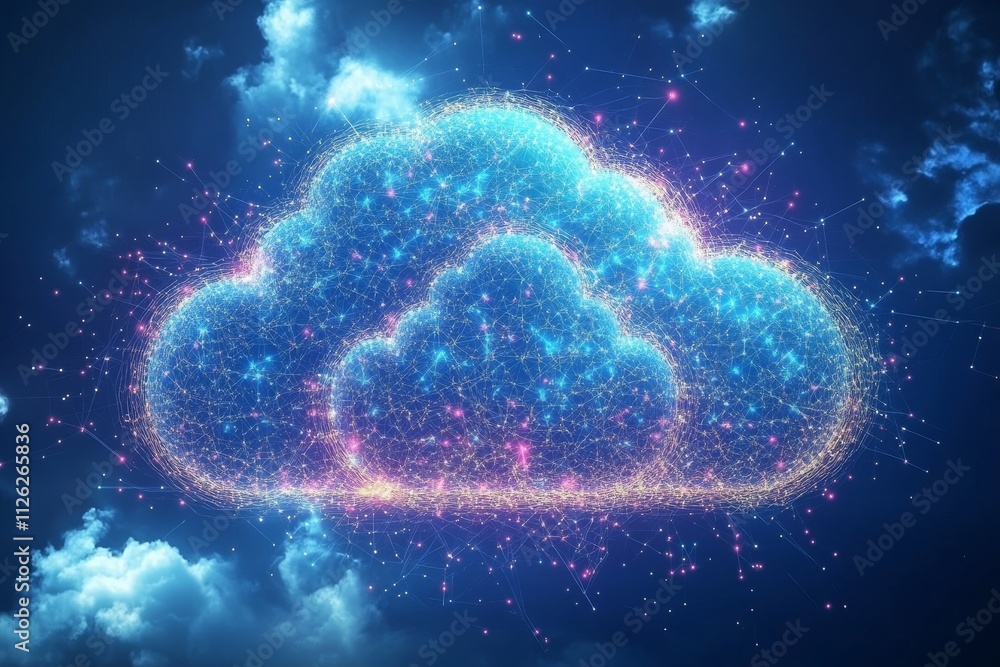 Poster digital clouds with data points and network connections.