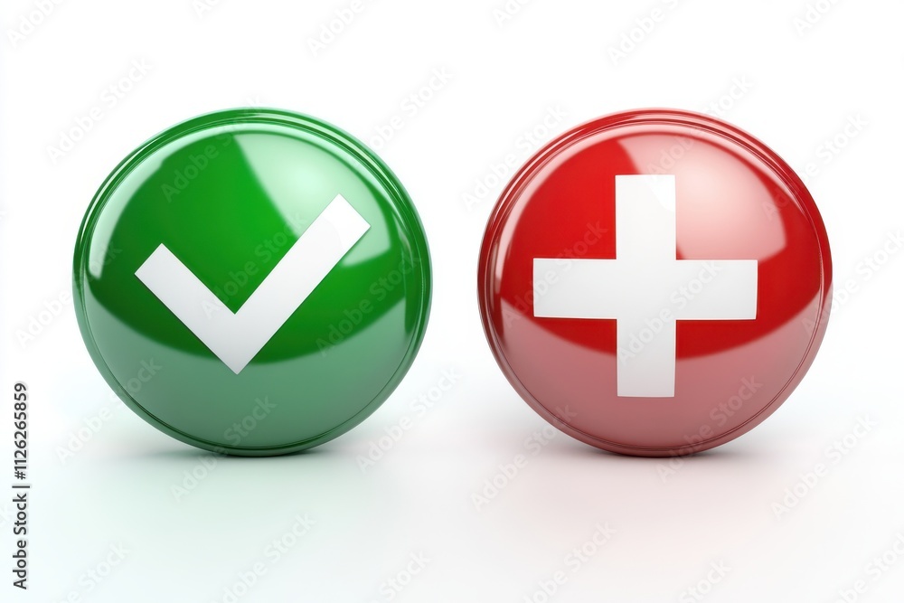 Poster two glossy buttons one green with a white checkmark and the other red with a white cross