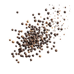 Black peppercorns scattered on black background