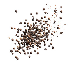 Close up of scattered black peppercorns.