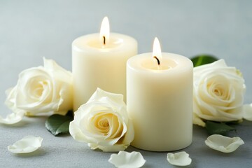 White candles with roses and flowers petals funeral memrial