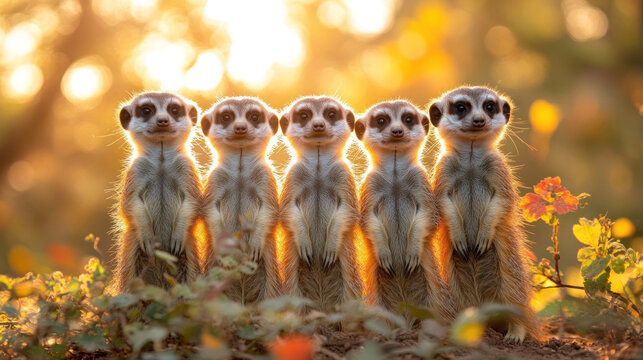 A group of meerkats huddling together in the warmth of the early morning sun - Powered by Adobe