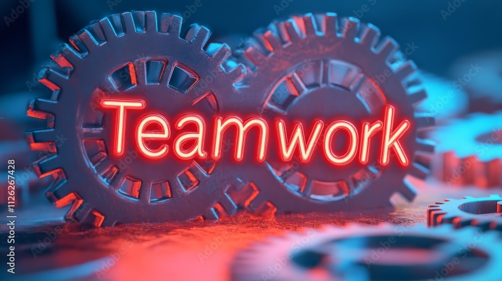 Poster teamwork in motion: a close-up shot of interlocking gears with the word 